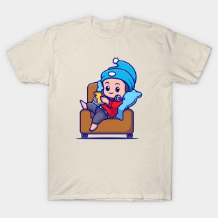 Cute Boy Operating Phone On Sofa Cartoon T-Shirt